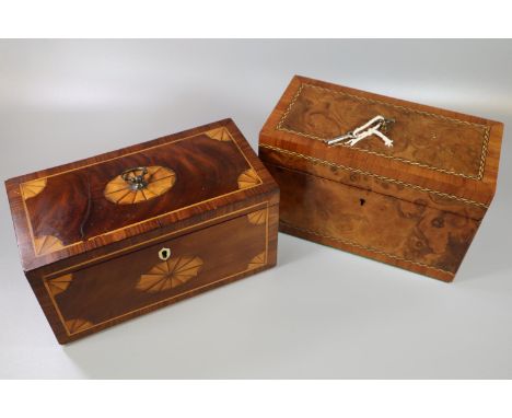 Two George III style burr walnut and mahogany inlaid tea caddies of square form, the interiors each with two lidded container
