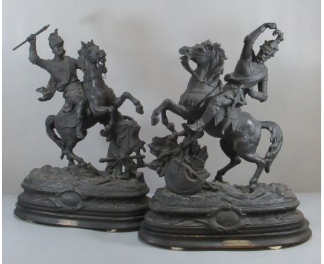Pair of late 19th century French Spelter equestrian figures titled 'Robert the Bruce 1806' and 'Edward I 1376' on ebonised wo