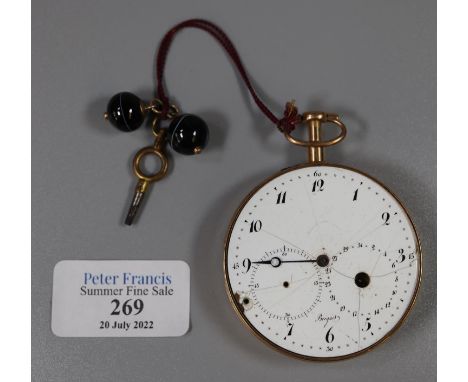 French Breguet of Paris gold open faced key wind pocket watch (lacks outer case), with enamel Arabic face having seconds and 