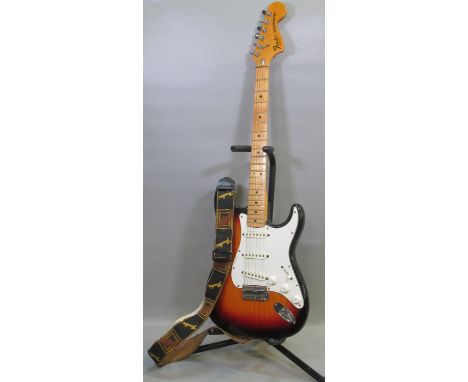 Vintage Fender Stratocaster electric guitar, serial number S768629? (early 1980s), black, red and amber sunburst body with wh