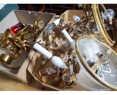 Various gilt metal wall light fittings, ceiling lights etc 