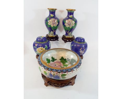 Pair of  blue Oriental cloisonne enamel ginger jars & stands, pair of vases with hardwood stands and a cloisonne 7" bowl with