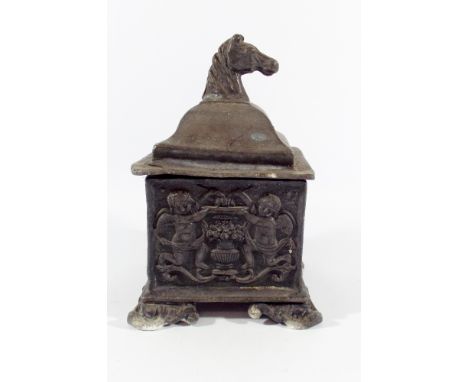 Antique pewter square tea caddy, the lid with horse head finial