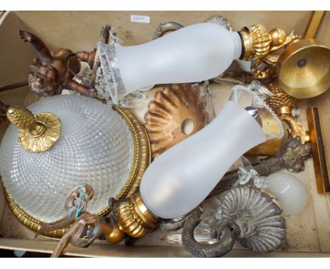 A quantity of brass and gilt wall and ceiling light fittings 