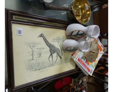 A pair of tapestry pictures, print, Winnie the Pooh magazines, brass plaques, sun dial, saucepan, china jugs etc 