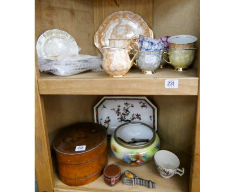 A Romanian lustre tea set, fruit bowl, plate, collar box etc 