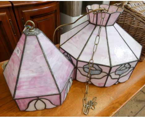 Two pink Tiffany style electric hanging light fittings 