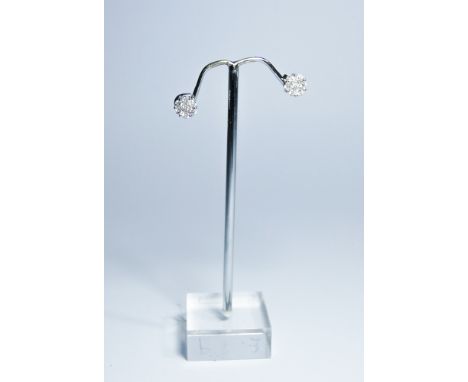 Pair of 14 k white gold and diamond cluster ear studs. 
