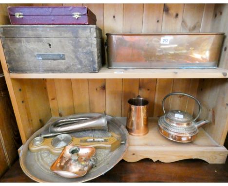 Copper bugle, brass tray, kettle, plant trough, old box, spoons etc 