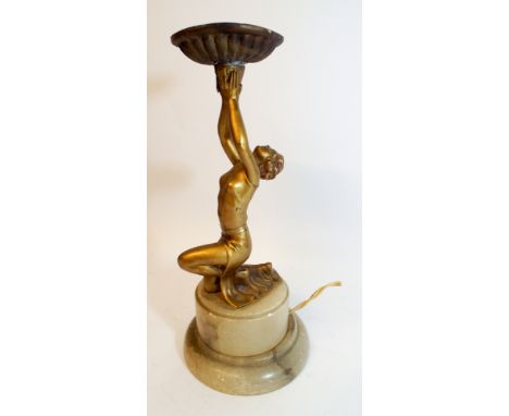 Art deco gilt metal lady figure lamp on circular onyx base. Height 28 cms  Will need re-wire & ball shade