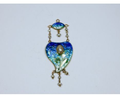 An Arts & Crafts gold, enamel and pearl pendant, the main pendant of stylised leaf design inset with a blister pear with gild