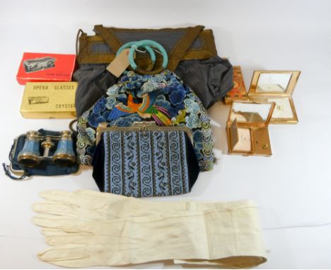 1920's embroidered silk evening bag with glass handles, kid gloves, beaded evening bags and a collection of vintage opera gla