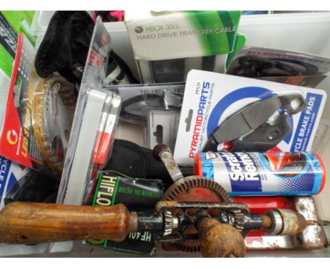 Three boxes of tools, paint remover, motorbike oil, pumps, children shoes etc 