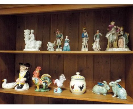 Assorted figure ornaments, Toby jug, cockerill, biscuit barrel etc, a Worcester flower cluster and a flower basket 