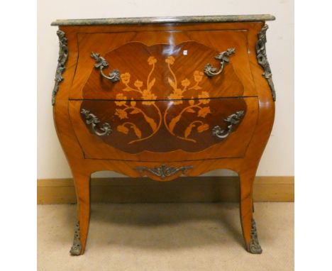A small French inlaid Kingwood Bombe front two drawer commode with green mottled marble top and gilt decorations 2'6 wide  