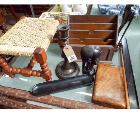 Small stool, letter rack, African figures, candlestick, cigar box etc 