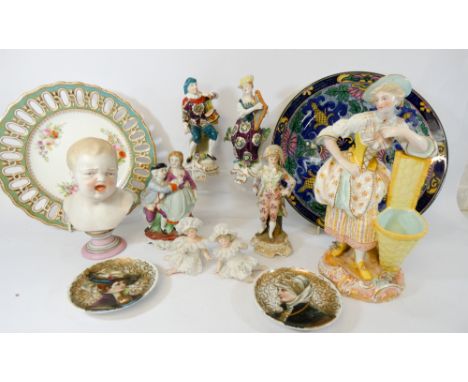 Spode ribbon plate, collection of continental porcelain figurines, Doulton wall plate etc  