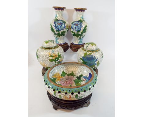 Pair of  white ground Oriental cloisonne enamel ginger jars & stands, pair of vases with hardwood stands and a cloisonne 7" b