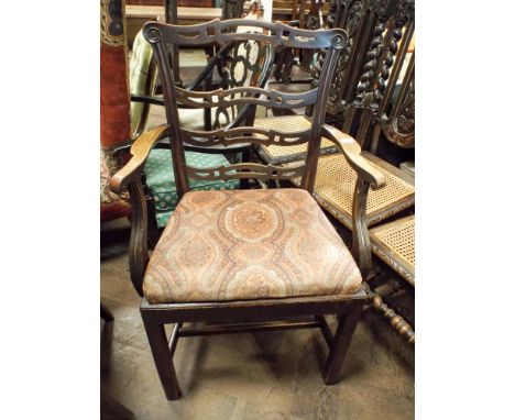 A Georgian style mahogany ladder back style elbow chair with upholstered seat  