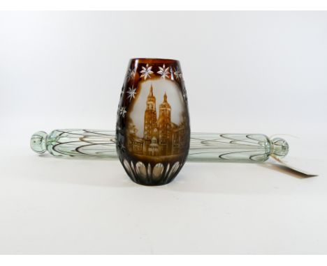 Bohemian etched ruby flash glass vase, decorated with view of Krakow, 15 cms tall and a glass rolling pin.