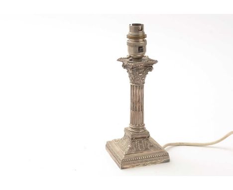 A silver corinthian column pattern candlestick converted to a table lamp, by James Deakin &amp; Sons, Sheffield 1893. 