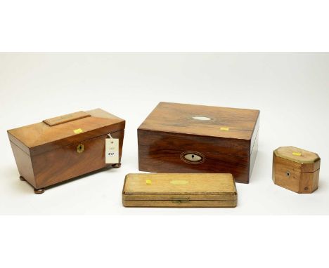 A 19th Century walnut sarcophagus tea caddy; together with other 19th Century boxes, including: brass bound glove box; miniat