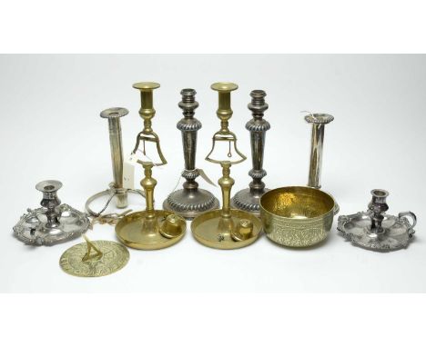 A pair of Victorian brass tavern candlesticks, of typical form, with bell attachment (loose), 32cms high; together with a pai