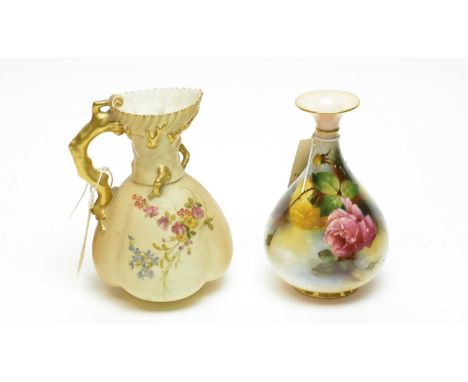 A Royal Worcester Hadley Ware rose vase, handpainted with pink roses, signed J. Lander, 18cms high; together with a Royal Wor
