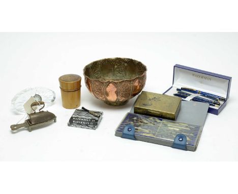 Assorted collectibles, including: Waterford Crystal miniature mantel or bedside clock; Victorian copper bowl; Cunard ballpoin