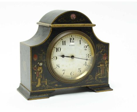 A French Chinoiserie black lacquered mantel clock, the 8 day movement signed Bayard, 16cms high.