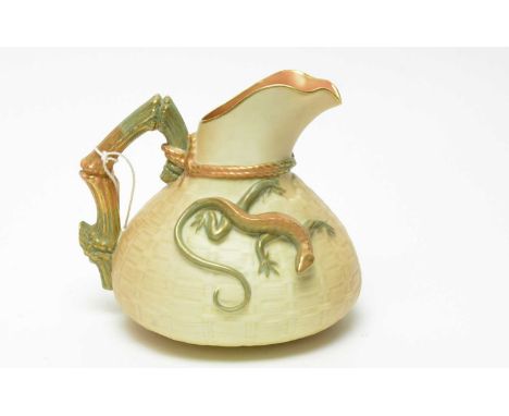 An early 20th Century Royal Worcester Gecko jug, circa 1930, the blush ivory basketweave body with lizard figure in relief, p