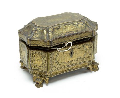 A Chinese lacquered and gilt decorated sarcophagus tea caddy, with figural panels, fitted with two engraved pewter tea compar