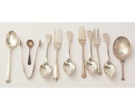 A set of four Scottish silver teaspoons, maker F&amp;S, Edinburgh 1828; together with a pair of Victorian silver sugar tongs 