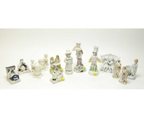 A collection of German porcelain fairings and other decorative ceramic wares, including: ‘The last in bed to put out the ligh
