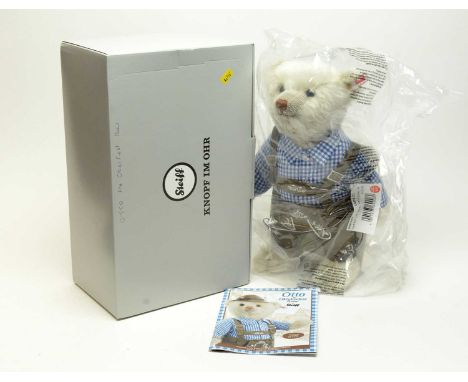 A Steiff Otto the Oktoberfest teddy bear, in original plastic wrapper with certificate, with box.