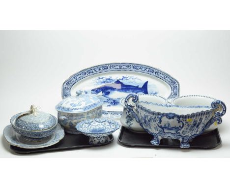 A selection of blue and white ceramics, including: Royal Doulton fish serving plate, 61cms wide; Royal Worcester oval tureen 