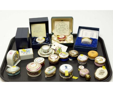 A collection of enamel pill boxes, by makers including Halcyon Days Enamels; Toye Kenning &amp; Spencer; and Crummles, some b
