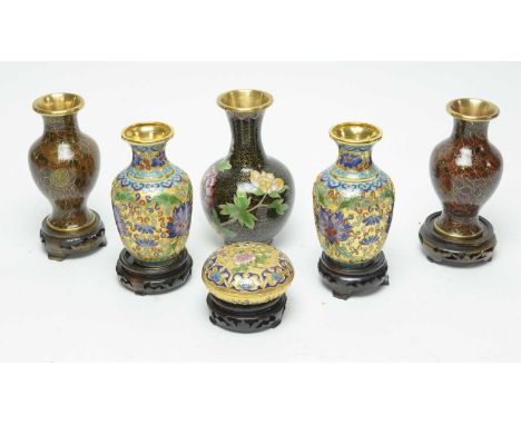 A collection of Chinese cloisonné enamel wares, including: pair of floral decorated cloisonné enamel vases, 13cms high; pair 