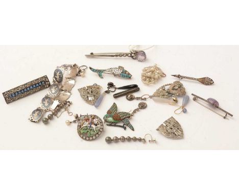 A selection of jewellery, including: a Siam bracelet; an enamel and white stone St George brooch; other brooches, earrings an