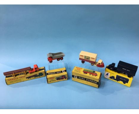 A Budgie 702 Royal Navy Scammel Scarab, a dump truck, a B.R. delivery van and a timber transporter, boxed