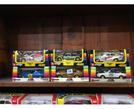 Six Burago 1:24 scale Die Cast and Decals cars, boxed 