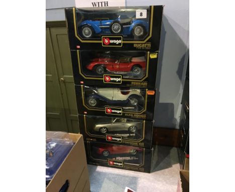 Five Burago 1:18 scale Die Cast cars