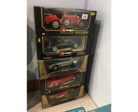 Five Burago 1:18 scale Die Cast cars