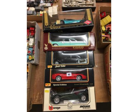 Five boxed Die Cast Guiloy, Burago, Maisto, Road Legend 1:18 scale etc.