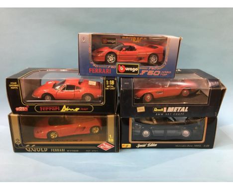 Five boxed Die Cast cars 1:18 scale, Guiloy, Revell, Maisto and Burago