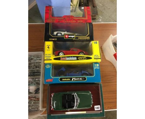 Five Die Cast cars, Mira, Burago, Anson, Jouef Evolution and Corgi, 1:18 scale, boxed