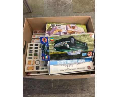 A box of model making kits to include; Airfix, Roman Fort and a 1:32 scale Airfix MGB Roadster, boxed