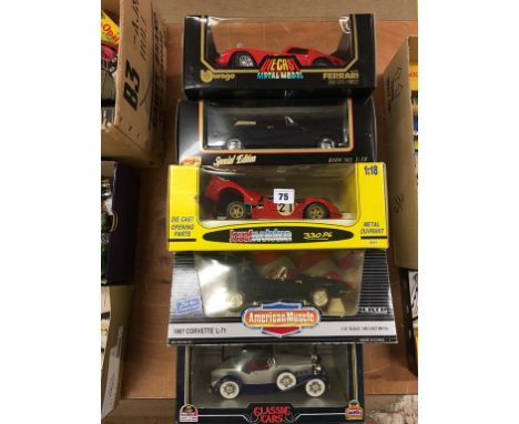 Five boxed Die Cast cars, 1:25 and 1:18 scale, Burago, Mira, Ertl, Jouef Evolutions and Maisto