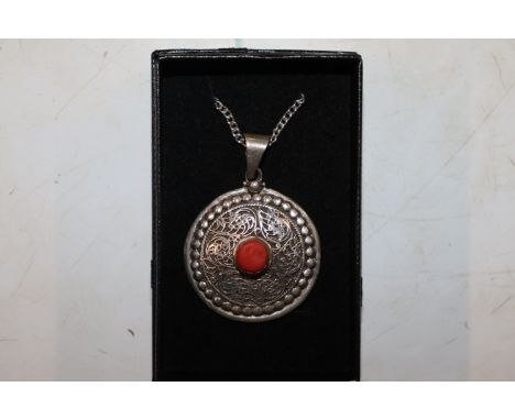 A vintage sterling silver and coral set pendent necklace 18.5gm, two sterling silver brooches approx. 14.5gm, a large sterlin