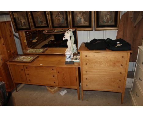 A light wood chest fitted five long drawers together with a matching mirrored back sideboard fitted three central drawers fla